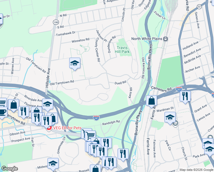 map of restaurants, bars, coffee shops, grocery stores, and more near 30 Stratford Road in White Plains