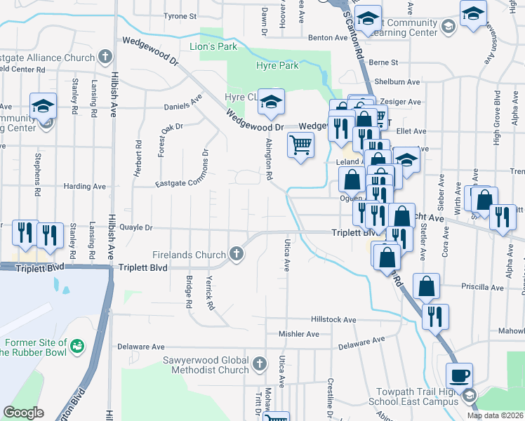 map of restaurants, bars, coffee shops, grocery stores, and more near 2405 Albrecht Avenue in Akron