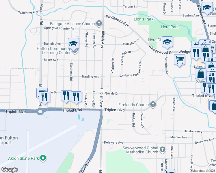 map of restaurants, bars, coffee shops, grocery stores, and more near 586 Herbert Road in Akron