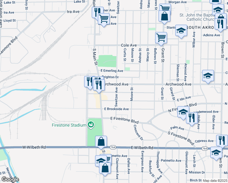 map of restaurants, bars, coffee shops, grocery stores, and more near 65 East Mapledale Avenue in Akron