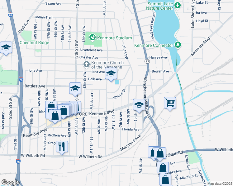 map of restaurants, bars, coffee shops, grocery stores, and more near 704 Viewland Terrace in Akron