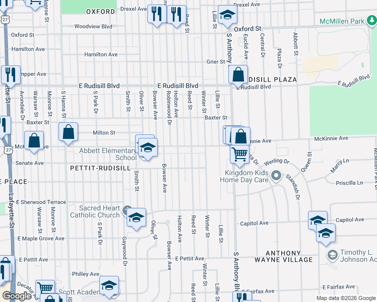 map of restaurants, bars, coffee shops, grocery stores, and more near 1414 McKinnie Avenue in Fort Wayne