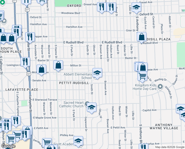 map of restaurants, bars, coffee shops, grocery stores, and more near 1034 McKinnie Avenue in Fort Wayne