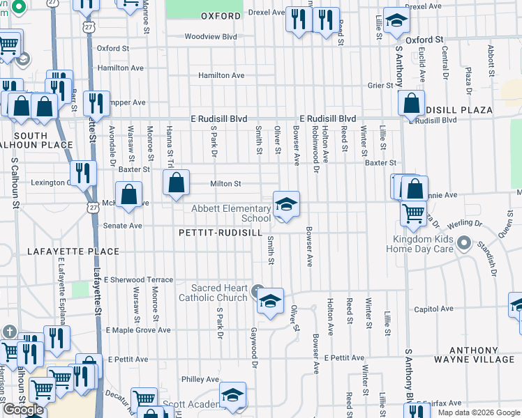 map of restaurants, bars, coffee shops, grocery stores, and more near 1034 McKinnie Avenue in Fort Wayne