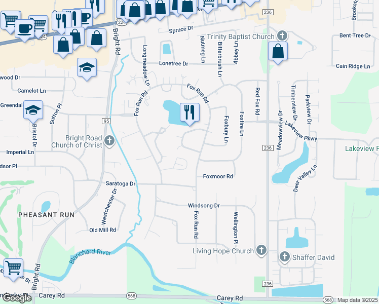 map of restaurants, bars, coffee shops, grocery stores, and more near 2206 Quail Lake Road in Findlay