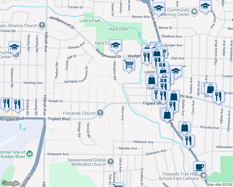 map of restaurants, bars, coffee shops, grocery stores, and more near 2405 Albrecht Ave in Akron