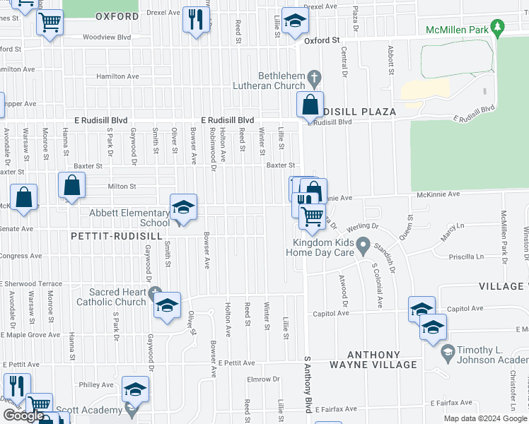 map of restaurants, bars, coffee shops, grocery stores, and more near 4323 Winter Street in Fort Wayne
