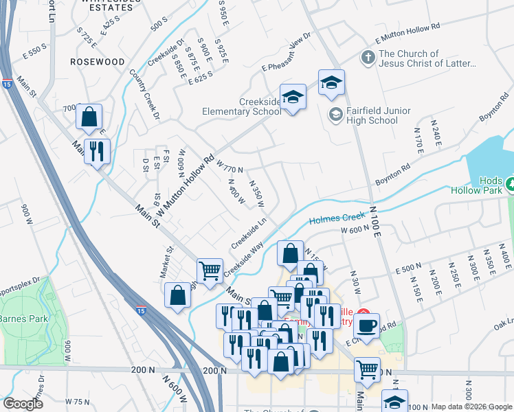 map of restaurants, bars, coffee shops, grocery stores, and more near 32 West 650 North in Kaysville