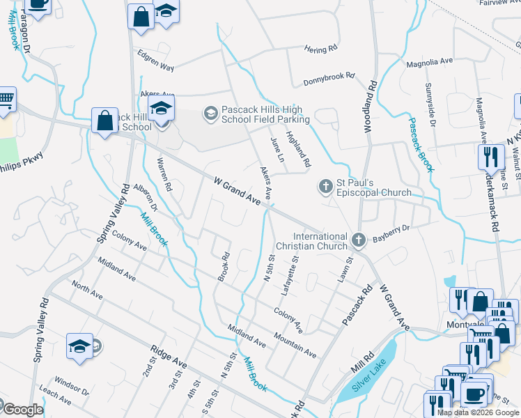 map of restaurants, bars, coffee shops, grocery stores, and more near 14 West Grand Avenue in Park Ridge