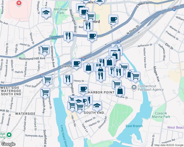 map of restaurants, bars, coffee shops, grocery stores, and more near 660 Atlantic Street in Stamford