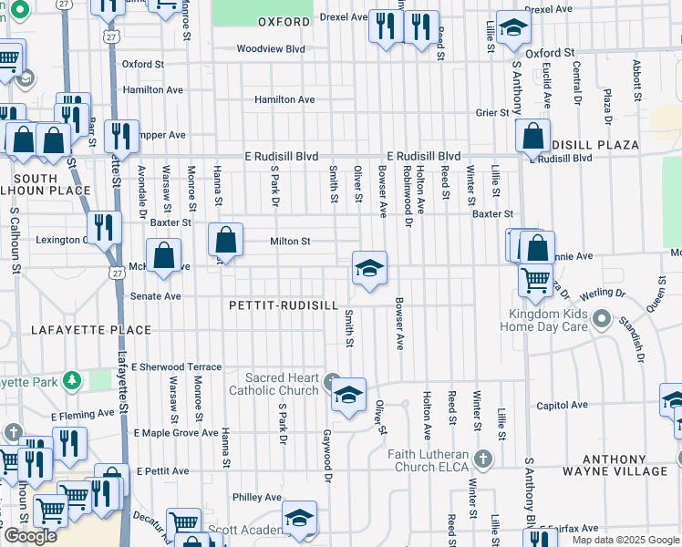 map of restaurants, bars, coffee shops, grocery stores, and more near 1034 McKinnie Avenue in Fort Wayne