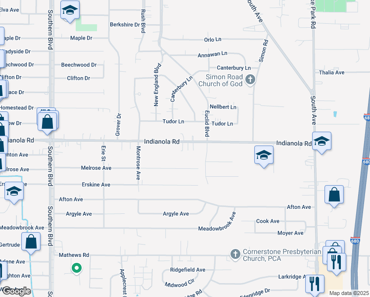 map of restaurants, bars, coffee shops, grocery stores, and more near 443 Indianola Road in Youngstown