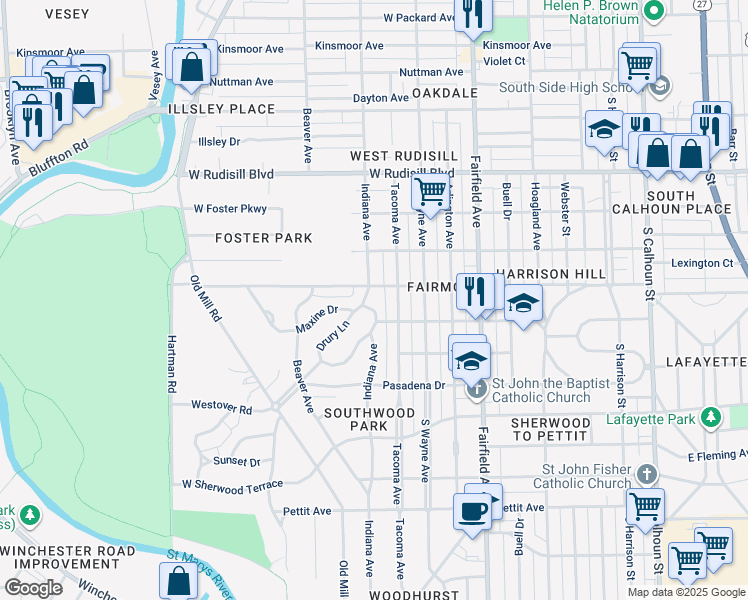 map of restaurants, bars, coffee shops, grocery stores, and more near 4215 Indiana Avenue in Fort Wayne