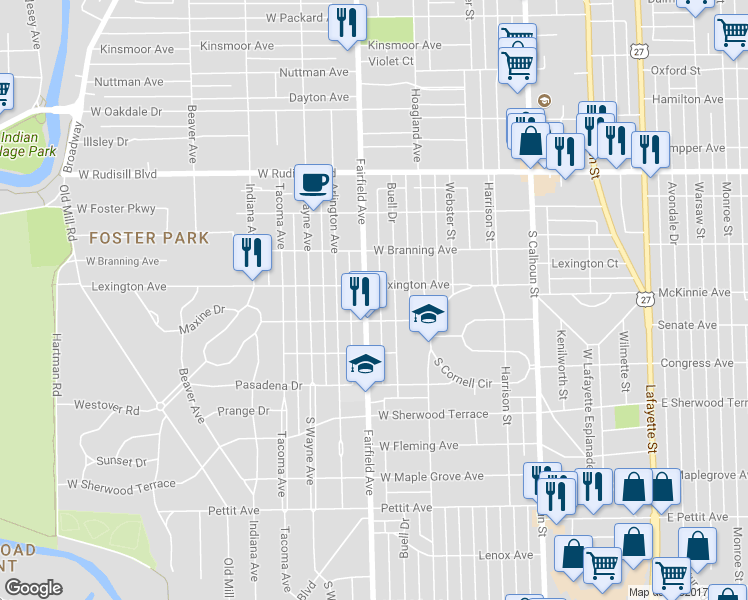 map of restaurants, bars, coffee shops, grocery stores, and more near 4215 Fairfield Avenue in Fort Wayne