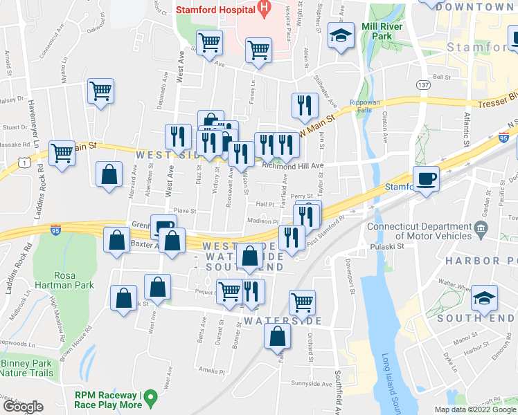 map of restaurants, bars, coffee shops, grocery stores, and more near 30 Hall Place in Stamford