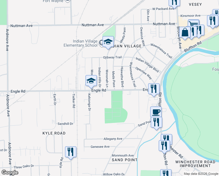 map of restaurants, bars, coffee shops, grocery stores, and more near 4144 Meda Pass in Fort Wayne