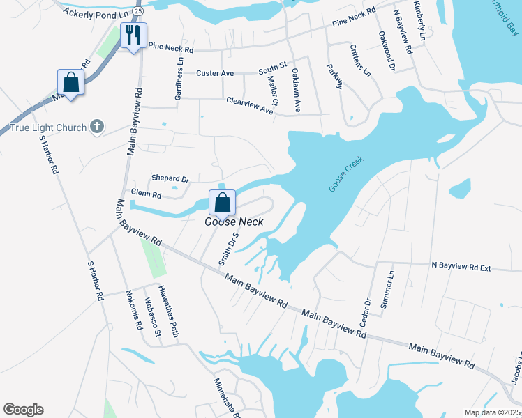 map of restaurants, bars, coffee shops, grocery stores, and more near 1375 Smith Drive North in Southold