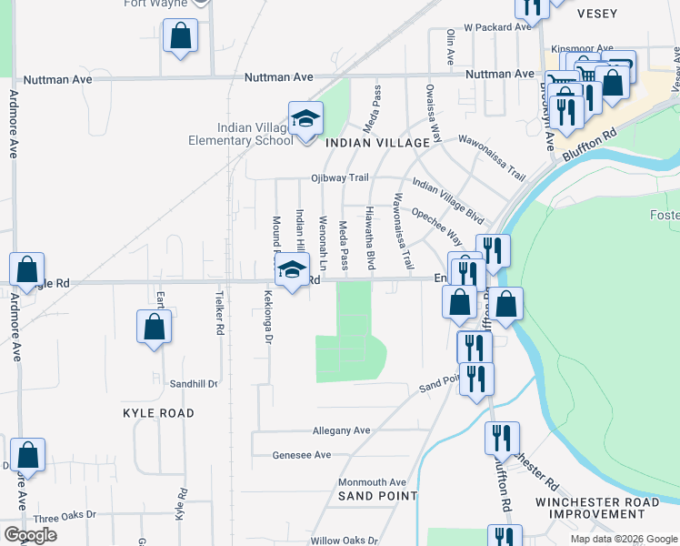 map of restaurants, bars, coffee shops, grocery stores, and more near 4144 Meda Pass in Fort Wayne