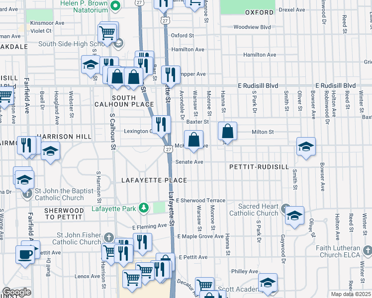 map of restaurants, bars, coffee shops, grocery stores, and more near 504 McKinnie Avenue in Fort Wayne