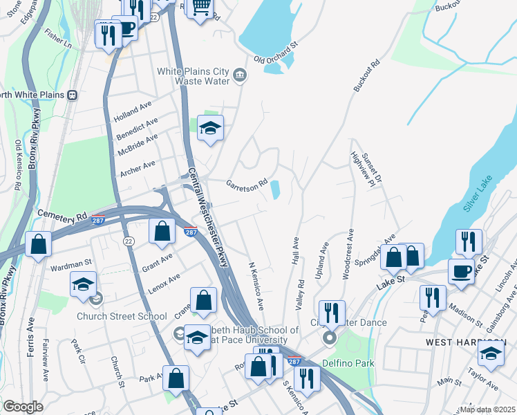 map of restaurants, bars, coffee shops, grocery stores, and more near 182 Grant Avenue in White Plains