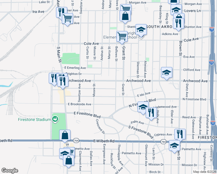 map of restaurants, bars, coffee shops, grocery stores, and more near 187 East Mapledale Avenue in Akron