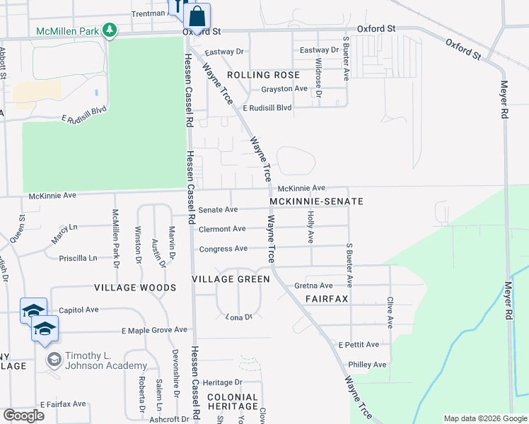 map of restaurants, bars, coffee shops, grocery stores, and more near 3520 Senate Avenue in Fort Wayne