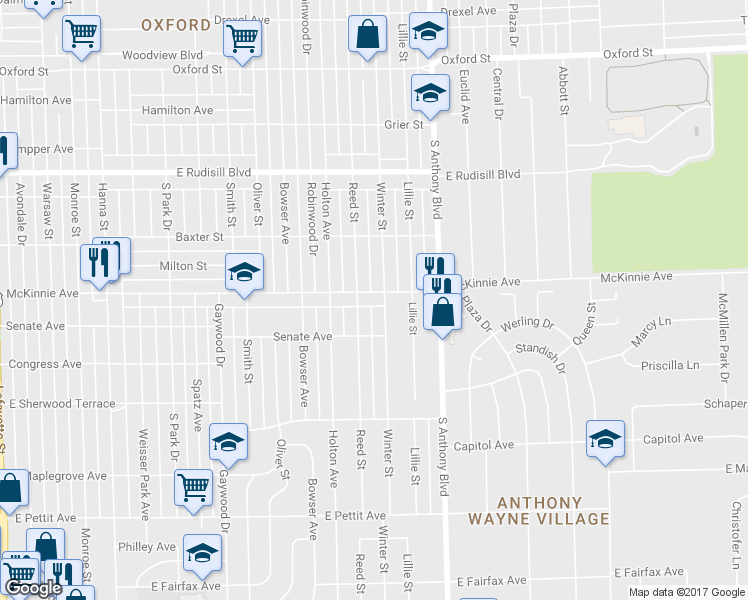 map of restaurants, bars, coffee shops, grocery stores, and more near 1516 McKinnie Avenue in Fort Wayne
