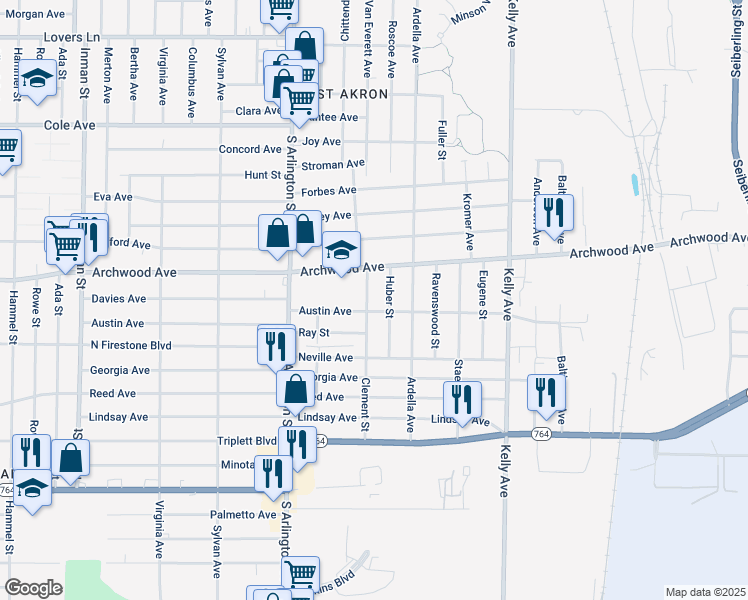map of restaurants, bars, coffee shops, grocery stores, and more near 897 Clement St in Akron