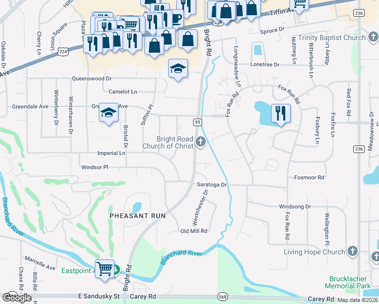 map of restaurants, bars, coffee shops, grocery stores, and more near 534 Bright Rd in Findlay