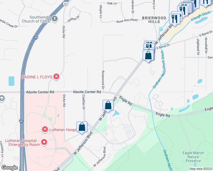 map of restaurants, bars, coffee shops, grocery stores, and more near 4180 Sage Bluff Crossing in Fort Wayne