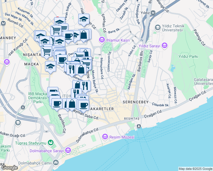 map of restaurants, bars, coffee shops, grocery stores, and more near 1/A Yaverağa Sokak in Beşiktaş