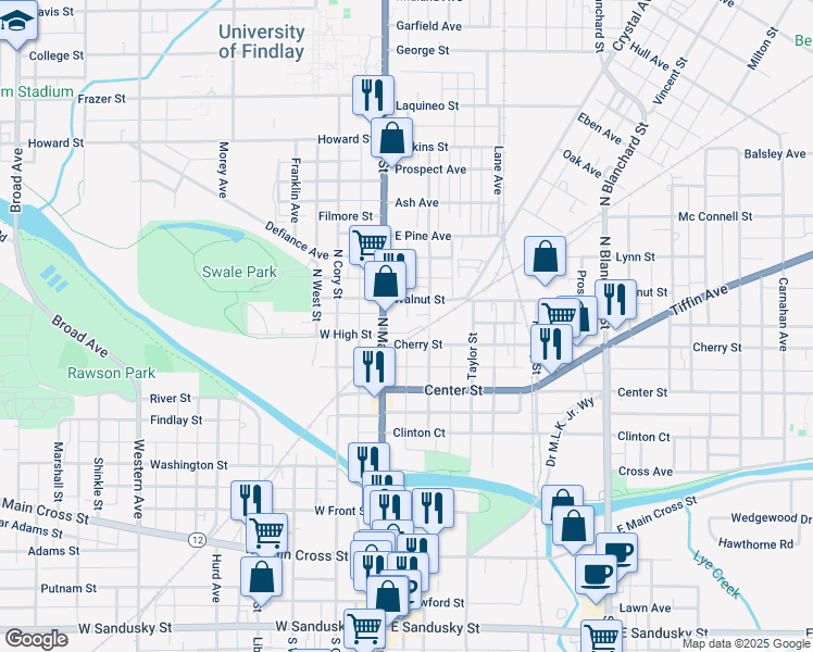 map of restaurants, bars, coffee shops, grocery stores, and more near 413 North Main Street in Findlay