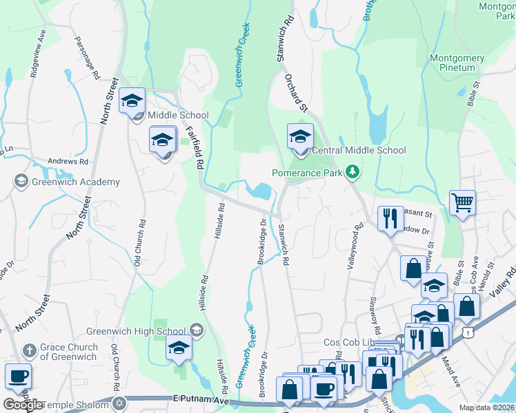 map of restaurants, bars, coffee shops, grocery stores, and more near 75 Fairfield Road in Greenwich