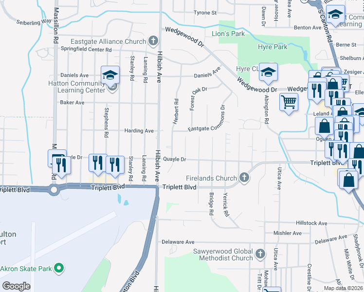 map of restaurants, bars, coffee shops, grocery stores, and more near 608 Ingalls Road in Akron