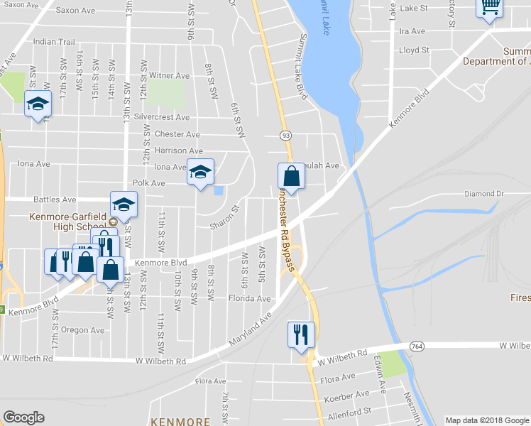 map of restaurants, bars, coffee shops, grocery stores, and more near 2113 5th Street Southwest in Akron