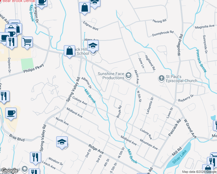 map of restaurants, bars, coffee shops, grocery stores, and more near 120 Split Rock Lane in Park Ridge