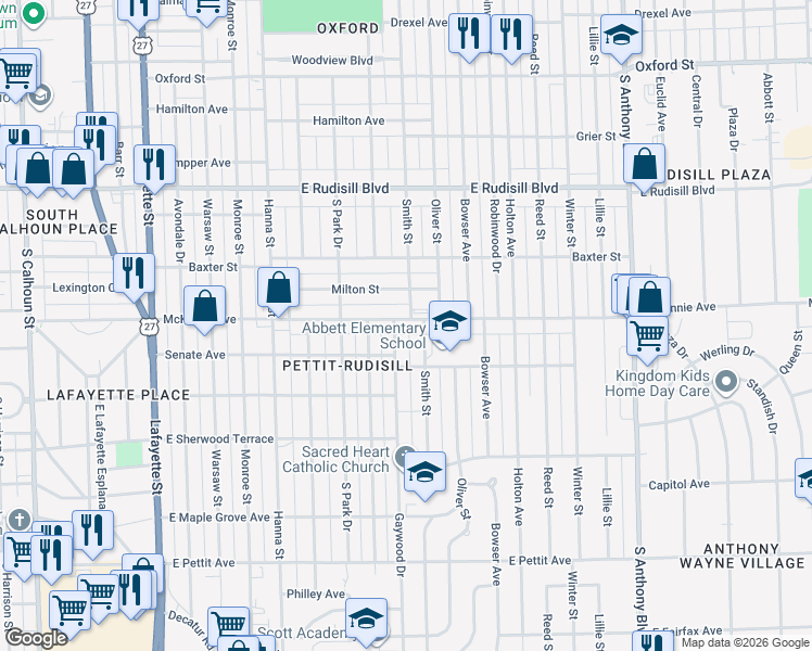 map of restaurants, bars, coffee shops, grocery stores, and more near 1026 McKinnie Avenue in Fort Wayne