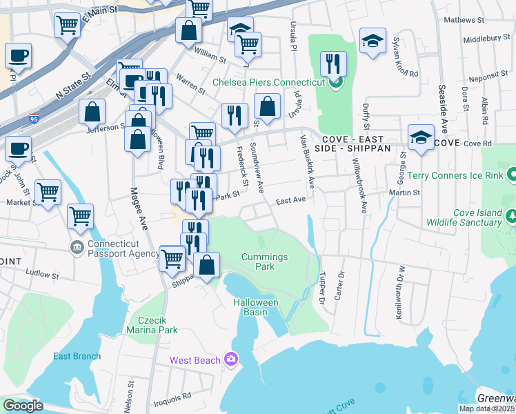 map of restaurants, bars, coffee shops, grocery stores, and more near 2 Owen Street in Stamford