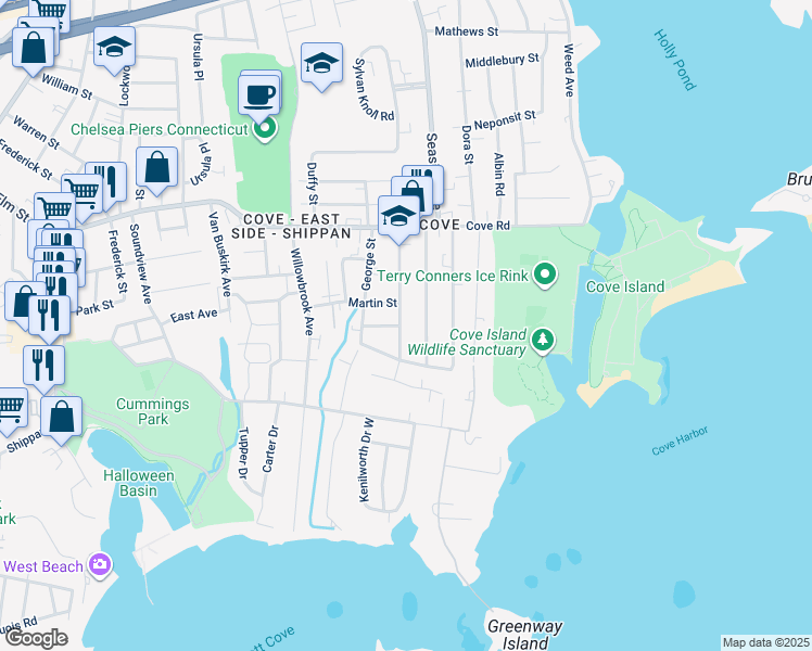 map of restaurants, bars, coffee shops, grocery stores, and more near 86 Horton Street in Stamford