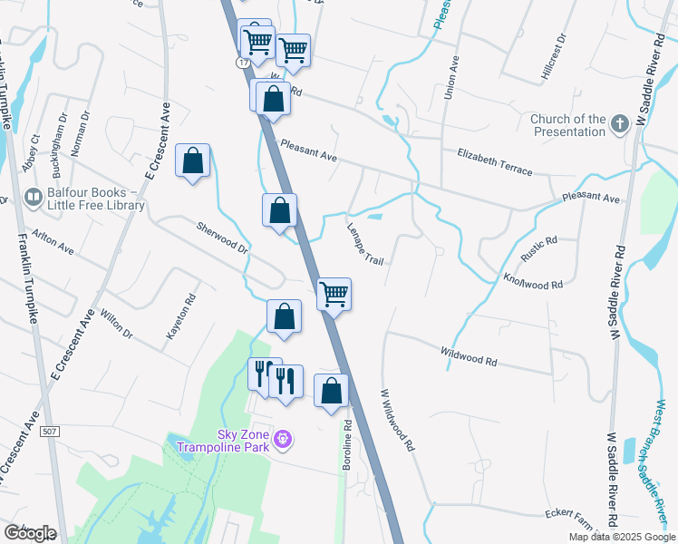 map of restaurants, bars, coffee shops, grocery stores, and more near 100 New Jersey 17 in Upper Saddle River