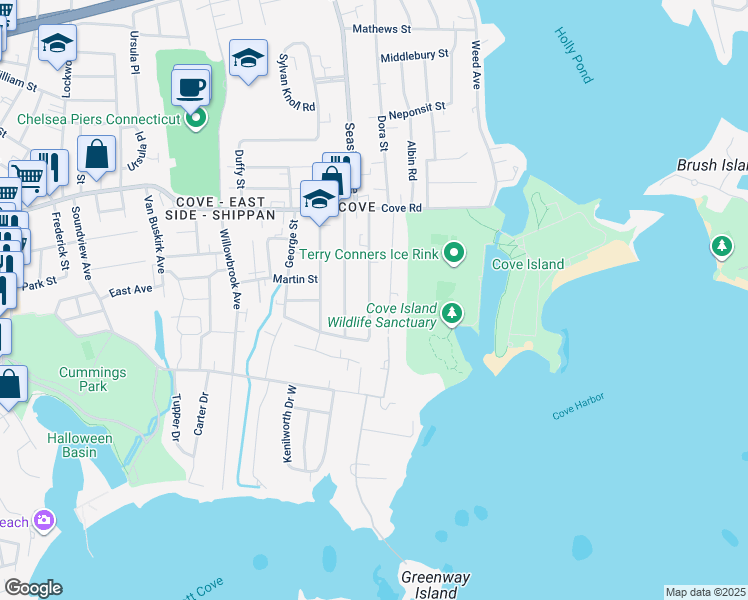 map of restaurants, bars, coffee shops, grocery stores, and more near 85 Dean Street in Stamford
