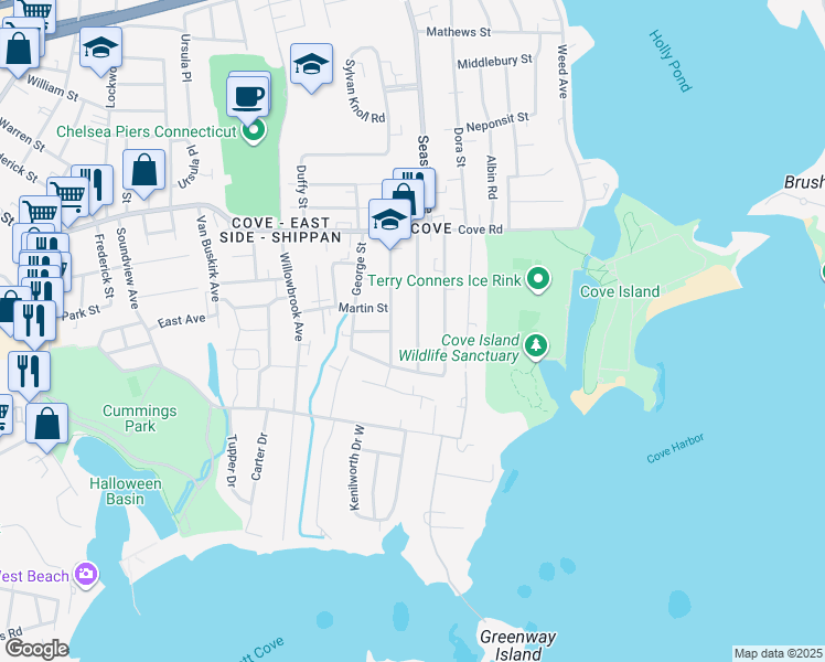 map of restaurants, bars, coffee shops, grocery stores, and more near 86 Horton Street in Stamford