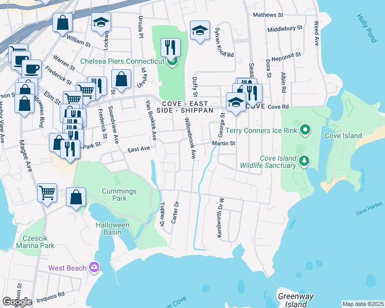 map of restaurants, bars, coffee shops, grocery stores, and more near 20 Wascussee Lane in Stamford