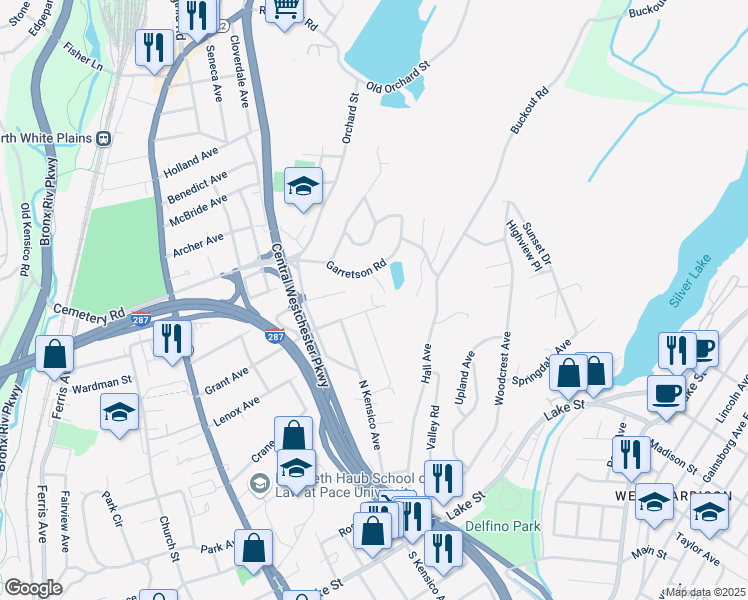 map of restaurants, bars, coffee shops, grocery stores, and more near 182 Grant Avenue in White Plains