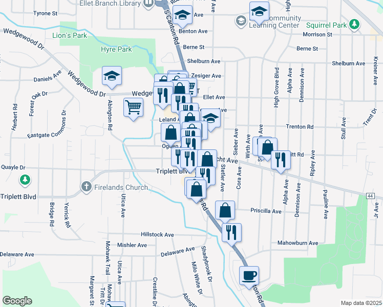 map of restaurants, bars, coffee shops, grocery stores, and more near 2571 Albrecht Avenue in Akron