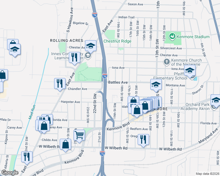 map of restaurants, bars, coffee shops, grocery stores, and more near 1025 Chandler Avenue in Akron