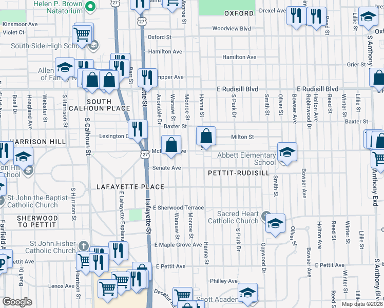 map of restaurants, bars, coffee shops, grocery stores, and more near 620 McKinnie Avenue in Fort Wayne
