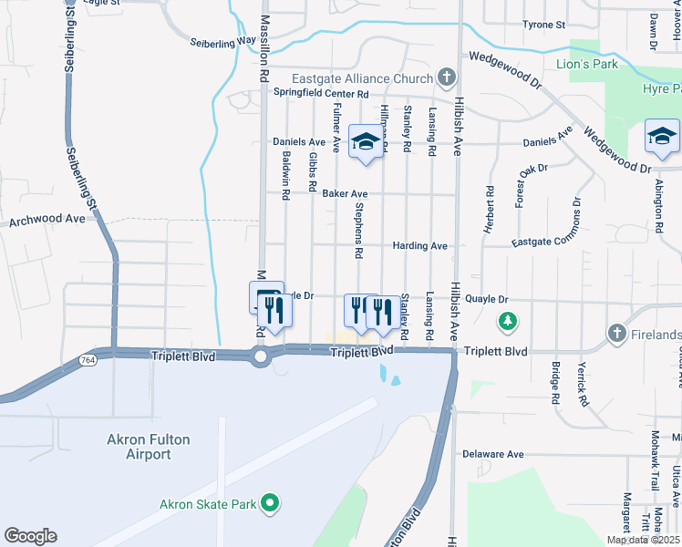 map of restaurants, bars, coffee shops, grocery stores, and more near 565 Fulmer Avenue in Akron
