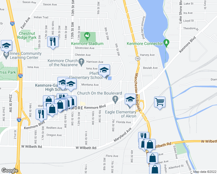 map of restaurants, bars, coffee shops, grocery stores, and more near 704 Viewland Terrace in Akron