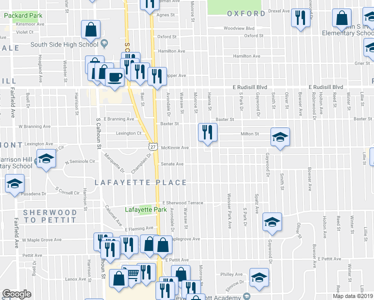 map of restaurants, bars, coffee shops, grocery stores, and more near 536 McKinnie Avenue in Fort Wayne